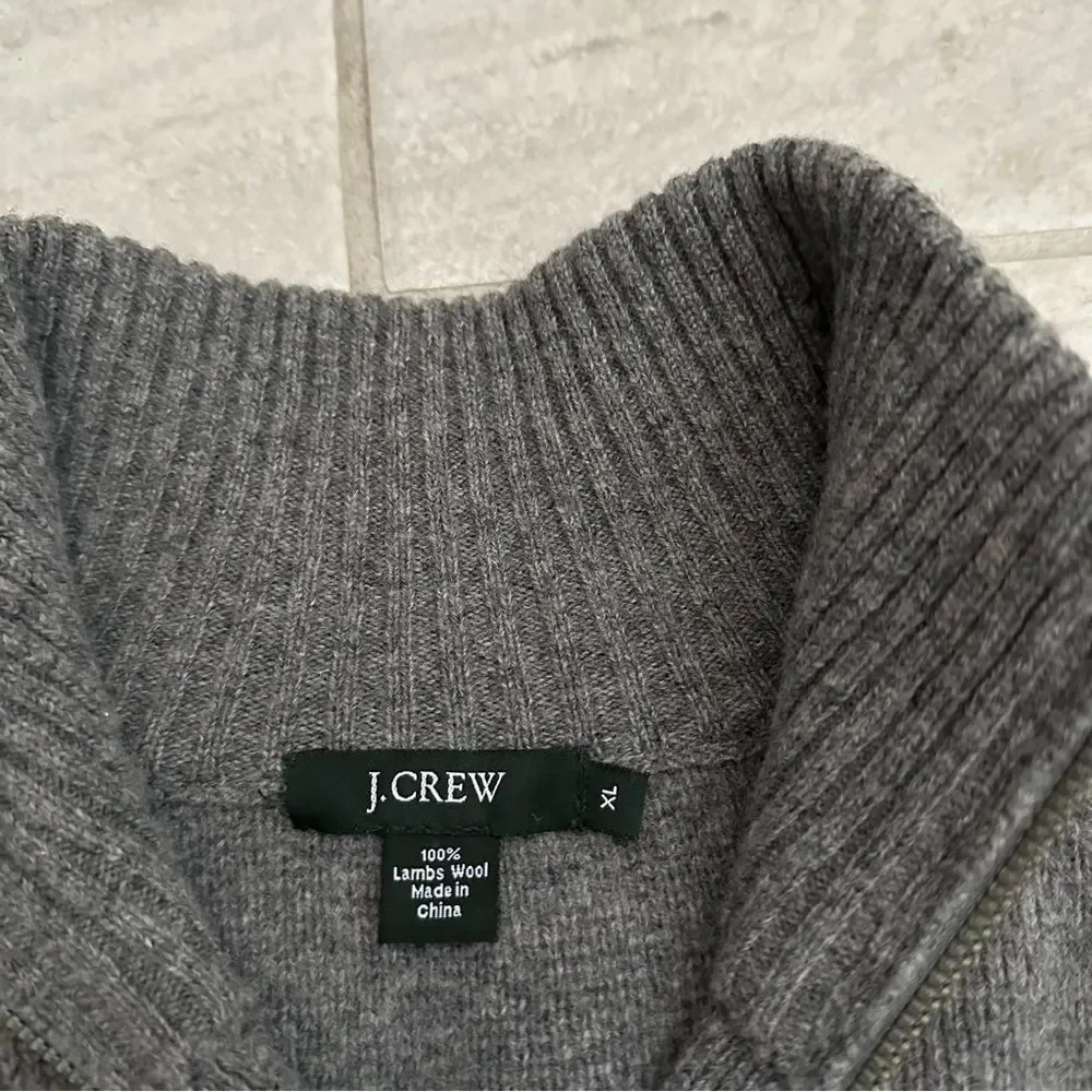 J. Crew Men's Lambs Wool Gray Full-Zip Mock Neck Minimalist Sweater Size XL